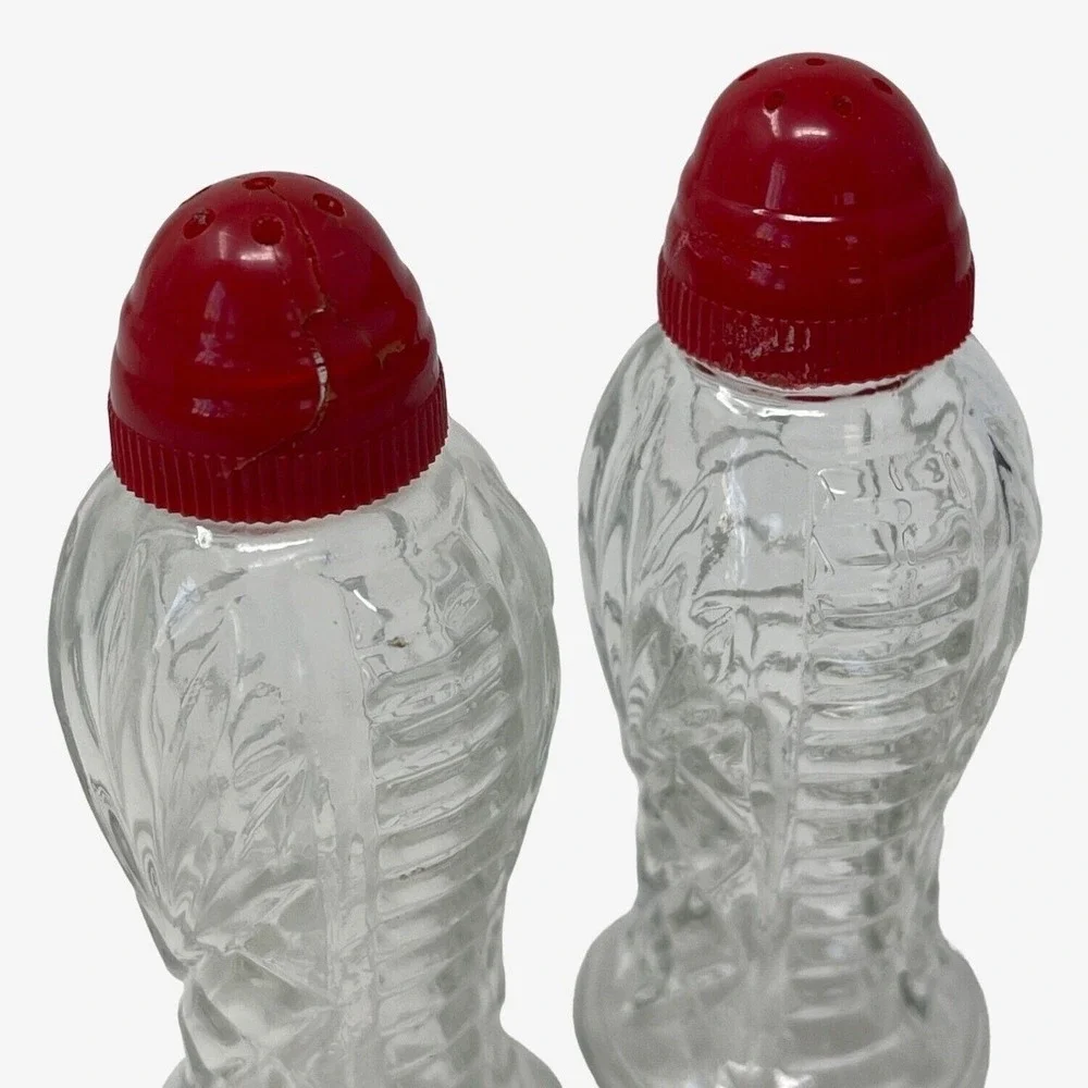 Vintage 30s-50s Hourglass Shaped‎ Cut Glass Plastic Top Red Salt Pepper Shakers